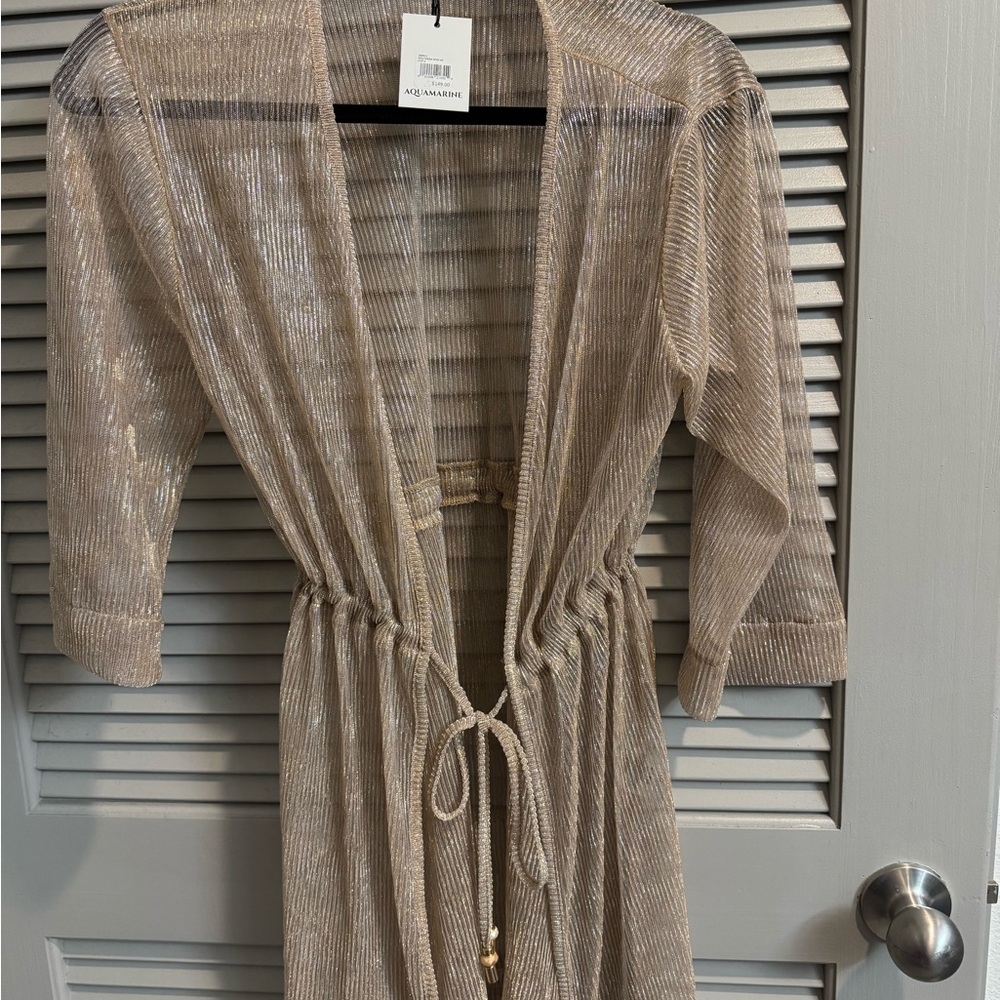Aquamarine Gold Sheer Cover-Up with Gold Grommets on Drawstring